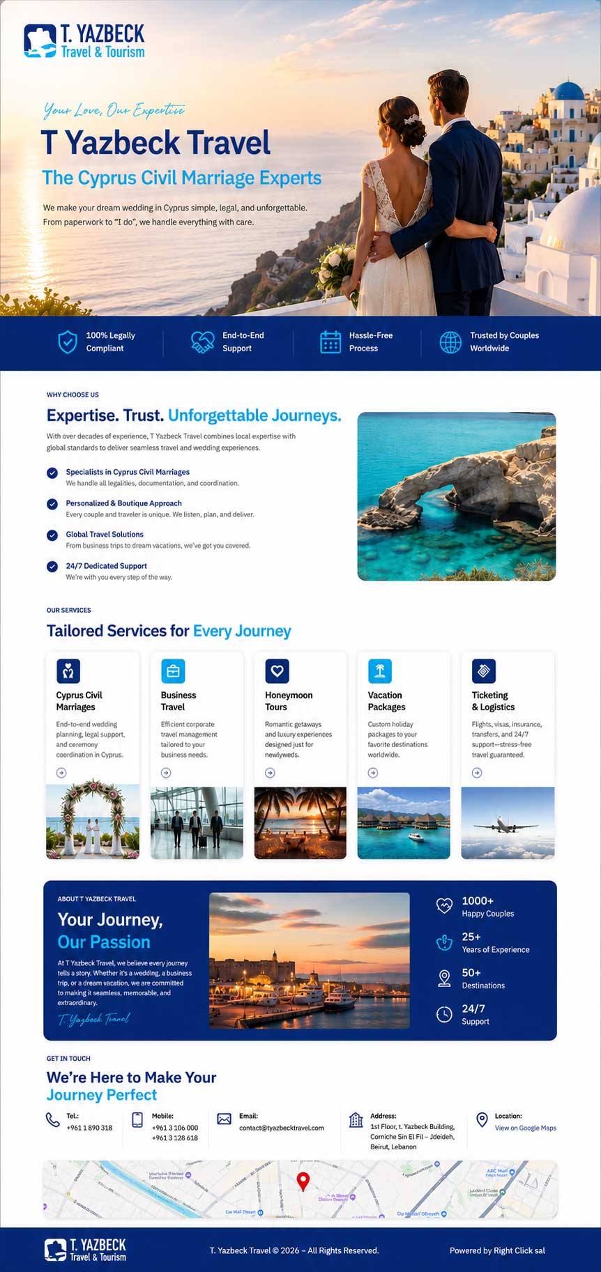 T. Yazbeck Travel and Tourism - The Cyprus Civil Marriage Experts. Legally compliant, end-to-end wedding support, honeymoon tours, business travel, vacation packages and ticketing services based in Beirut, Lebanon.